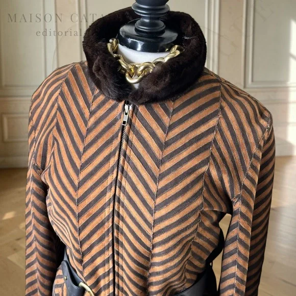 Dennis Basso Vintage Mink & Lamb Suede Shearling Chevron Piecework Jacket
